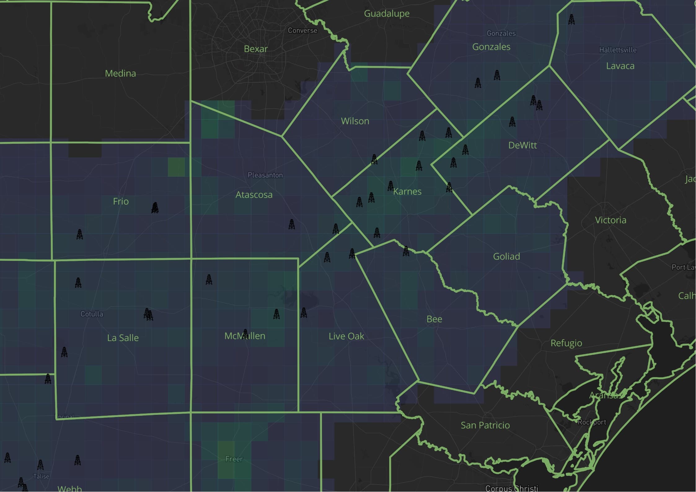 County-level map of Eagle Ford Shale drilling rigs, clustered in Karnes, DeWitt, La Salle, McMullen, and the surrounding South Texas counties.