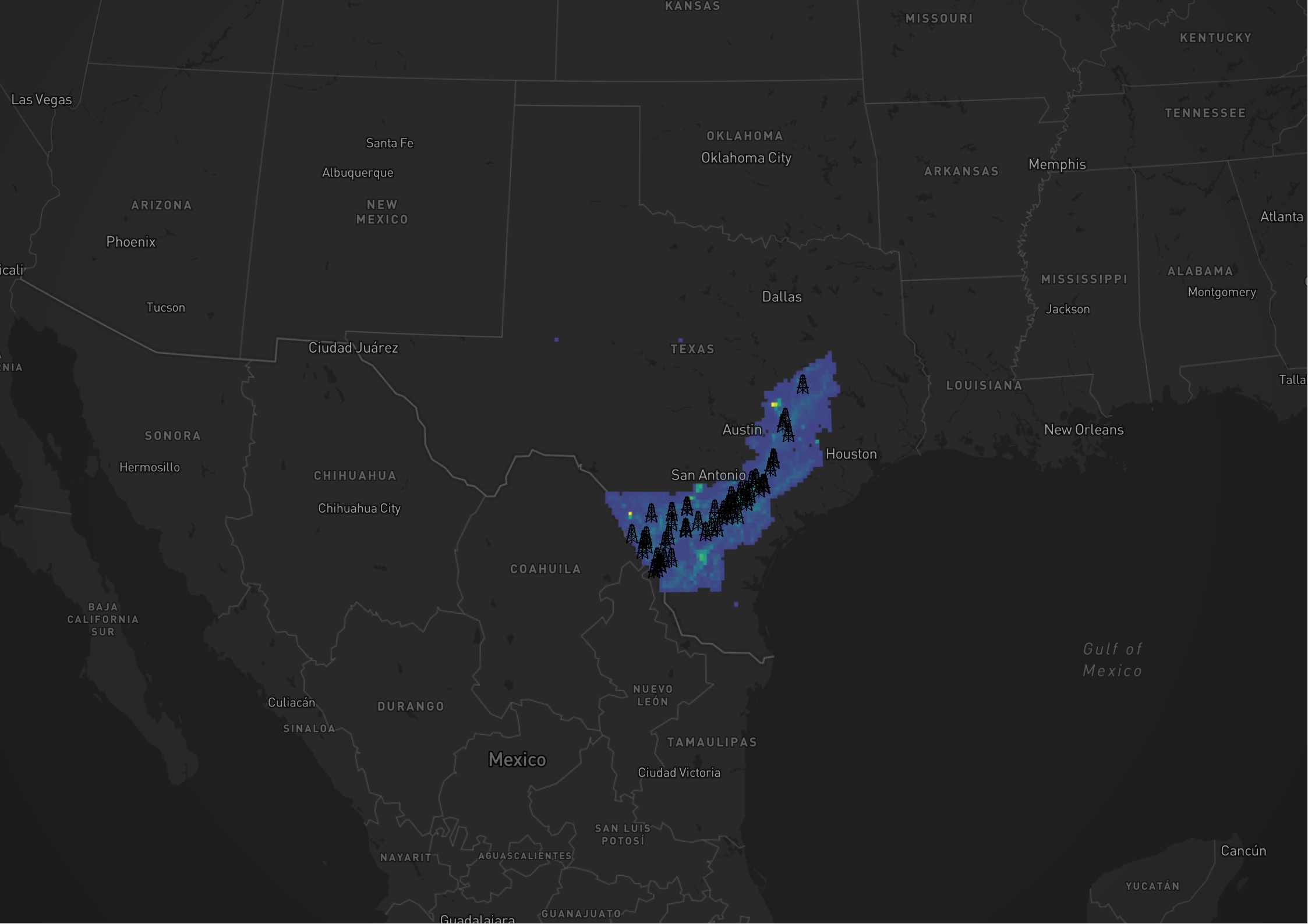 Map of the Eagle Ford Shale footprint arcing across South Texas, with well density shading and active drilling rig locations.